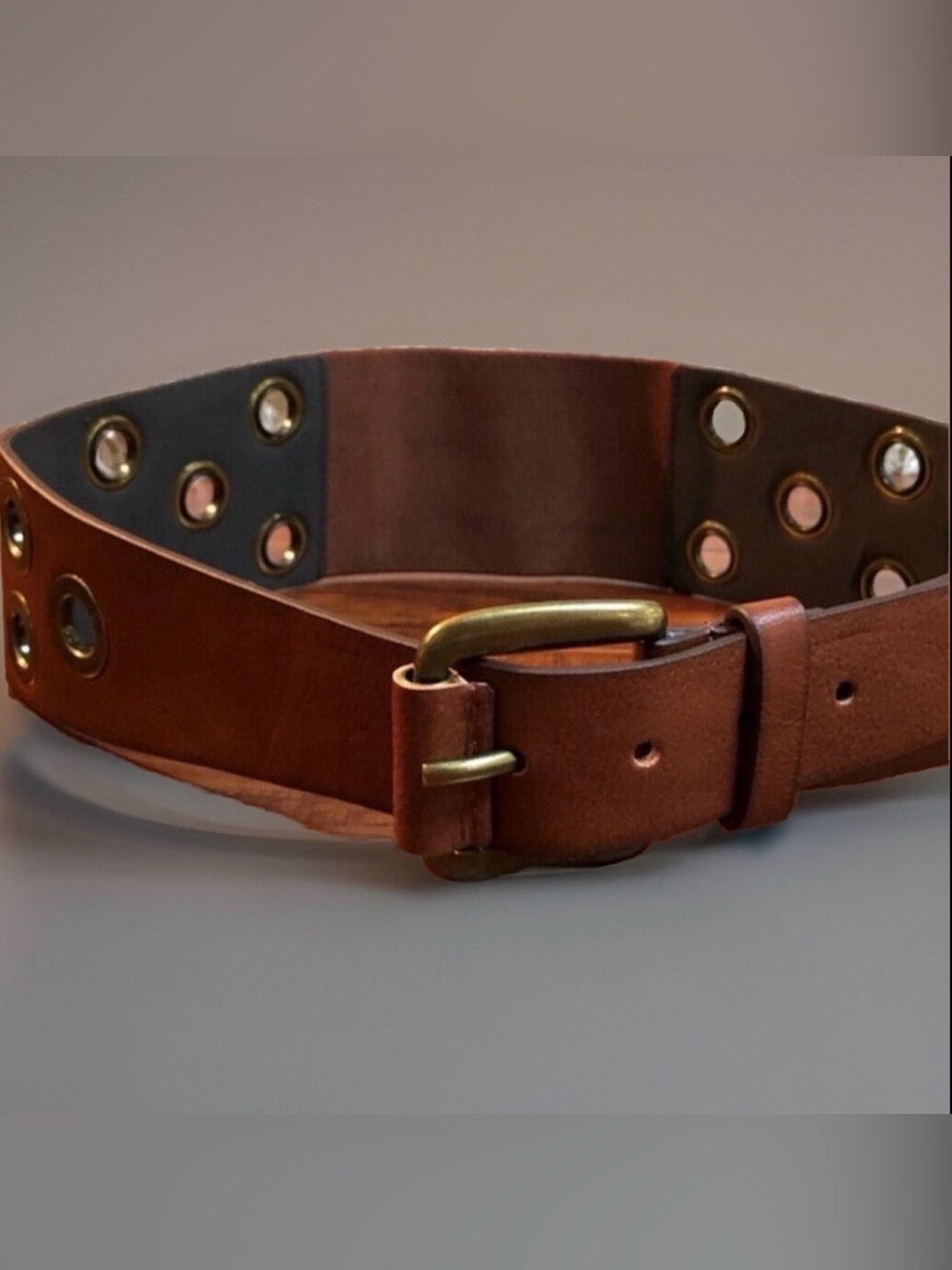 Cognac Brass Tone Grommet Boho Hippie CHIC Waist Buckle Belt sz S/M 28" - 32"